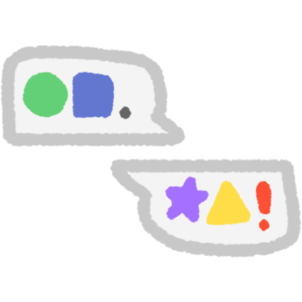 2 drawings of chat bubbles, one on top of the other. On the top chat bubble has a green circle and a blue square stopped with a period. And on the bottom chat bubble is a purple star and a yellow triangle stopped with a red exclamation mark.